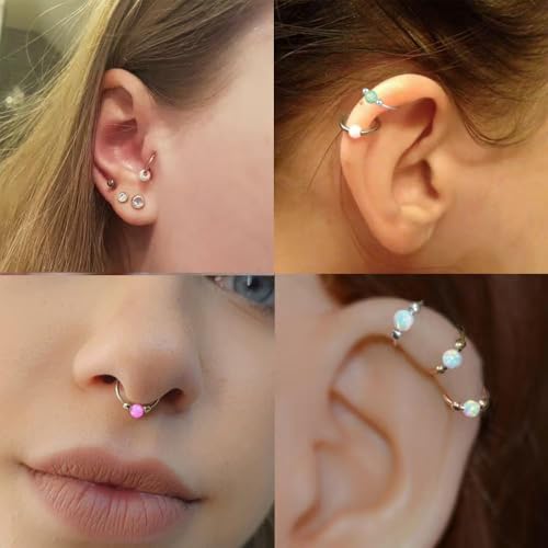 2 Pcs Small Cartilage Hoop Earrings for Women Men, 18G Opal Silver Earrings Hypoallergenic 316L Surgical Steel Hinge Huggie Hoop Earrings for Helix,Tragus,Conch,Rook,Earlobe Piercing Jewelry Nose Ring - style: 1Pc8mm+1Pc10mm Pink Opal/Silver