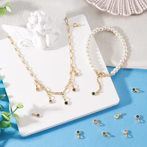 Beadthoven 9Pcs Gold Plated Cubic Zirconia Charms Round Crystal Dangle Bead Charms Long-Lasting Plated Brass Rhinestone Birthstone Pendants for Jewelry Making Necklace Earrings Bracelet DIY Craft - color: Round Mix