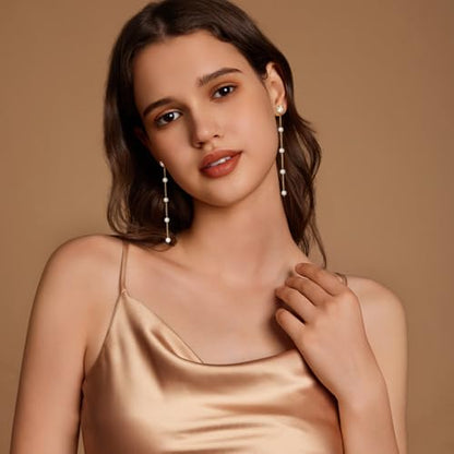 Pearl Earrings for Women 14k Gold/Silver Pearl Drop Earrings Long White Pearl Tassel Dangle Statement Earrings Bridal Wedding Dainty Prom Earrings Birthday Gifts Jewelry - color: Gold Caged Pearl Drop Earrings