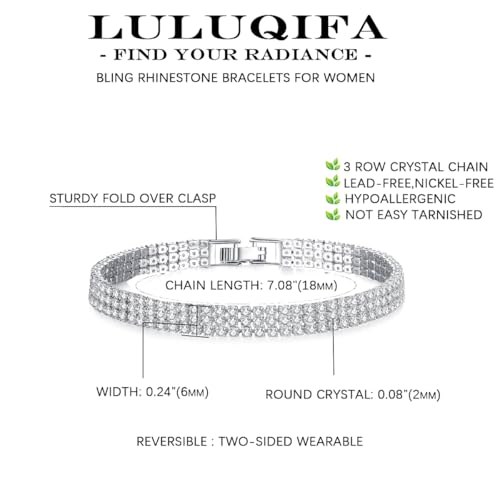 Gold Tennis Bracelets for Women 3-Row Rhinestone Stackable Bangle Bling Zirconia Crystal Silver Chain Dainty Cuff Flexible Fashion Jewelry for Wife Anniversary Mom Her Birthday Gifts - color: Silver