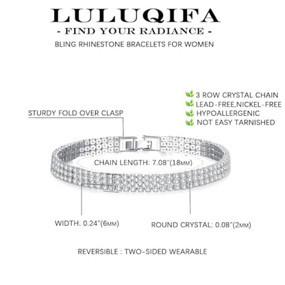 Gold Tennis Bracelets for Women 3-Row Rhinestone Stackable Bangle Bling Zirconia Crystal Silver Chain Dainty Cuff Flexible Fashion Jewelry for Wife Anniversary Mom Her Birthday Gifts - color: Silver