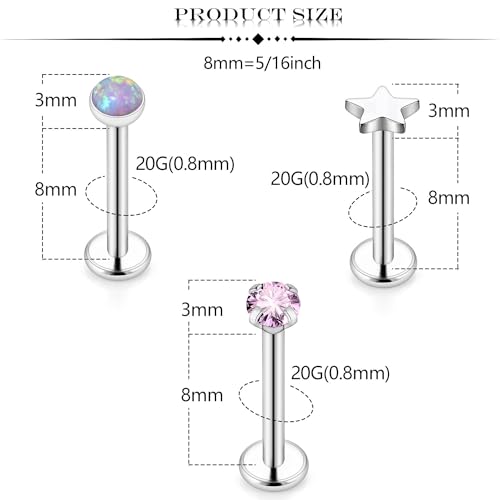 Threadless Noses Rings, Flat Back Earrings, 20/18/16g-Gauge 5/16in-Post 3mm-Top, Hypoallergenic Surgical Steel Medusa Lip Labret Cartilage Helix Tragus Conch Piercing Jewelry for Women Men - color: Pink, size: 20g*8mm