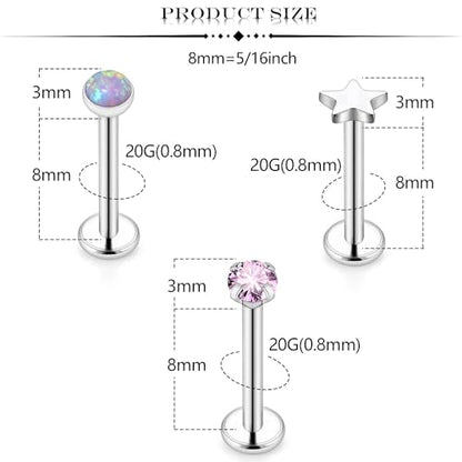 Threadless Noses Rings, Flat Back Earrings, 20/18/16g-Gauge 5/16in-Post 3mm-Top, Hypoallergenic Surgical Steel Medusa Lip Labret Cartilage Helix Tragus Conch Piercing Jewelry for Women Men - color: Pink, size: 20g*8mm