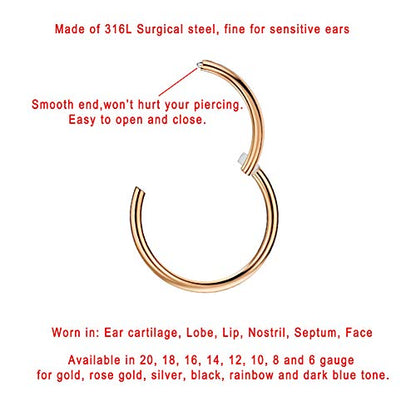 316L Surgical Steel Hypoallergenic Hinged Nose Ring Hoop for Women & Men | Seamless Clasp, Used in Nostril, septum, lip, and all ear piercings. 20 Gauge to 6 Gauge, Inner Diameter 5mm to 22mm - color: 18k rose gold-plated, size: 12 Gauge 14mm