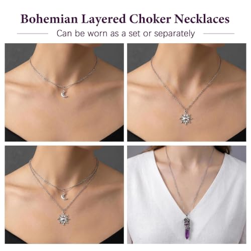 Gothic Emo Grunge Crescent Moon Layered Choker for Women | Boho Moon Sun Star Crystal Pendant Necklace, Punk Witchy Halloween Christmas Jewelry Accessories Gifts - color: Purple