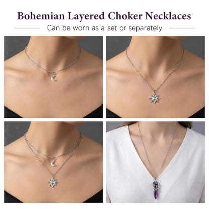Gothic Emo Grunge Crescent Moon Layered Choker for Women | Boho Moon Sun Star Crystal Pendant Necklace, Punk Witchy Halloween Christmas Jewelry Accessories Gifts - color: Purple