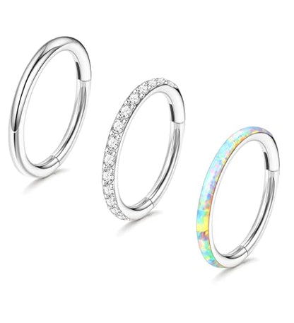 3pcs Nose Rings Hoops - 316L Surgical Steel Hinged Nose Hoops 16G/18G/20G CZ Clicker Septum Nose Ring Lip Helix Cartilage Hoop Earring Daith Rook Conch Body Piercing Jewelry for Women Men 8mm 10mm - color: Silver, size: 16 gauge(1.2mm)-7mm