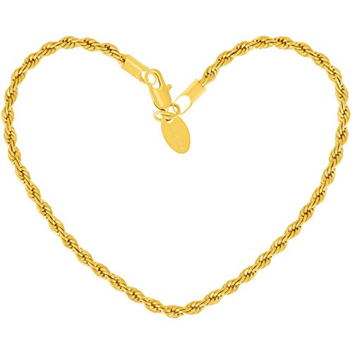 LIFETIME JEWELRY Womens Gold Anklet 3mm Rope Chain Ankle Bracelet 24k Real Gold Plated - color: Gold