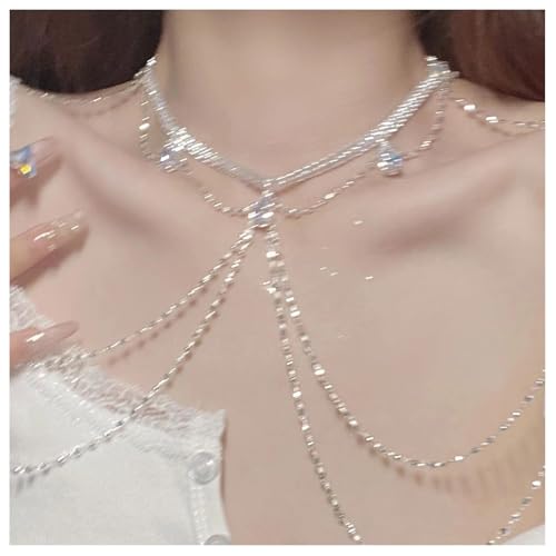 Sexy Rhinestone Shoulder Chain Necklace, Tassel Multi-layered Bridal Crystal Back Chain Wedding Backdrop Jewelry