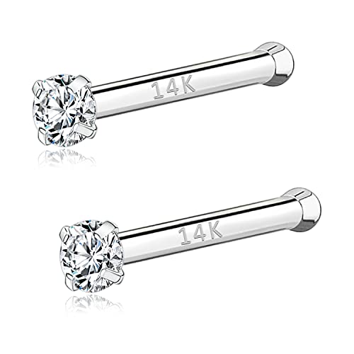 PunkTracker 20g 14K Real Gold Nose Rings CZ Simulated Diamond Nose Studs | Hypoallergenic Nostril Nose Piercing Jewelry for Women Men - color: 2pcs, 1.5mm, straight