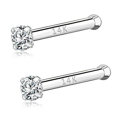 PunkTracker 20g 14K Real Gold Nose Rings CZ Simulated Diamond Nose Studs | Hypoallergenic Nostril Nose Piercing Jewelry for Women Men - color: 2pcs, 2mm, straight