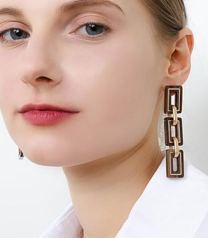 Ozel - Natural Wooden Acrylic Boho Drop Dangle Earrings for Women - Geometric Statement Jewellery - Brown, Black, Magent Red, Olive Green, White beige - color: 3Square_Brown