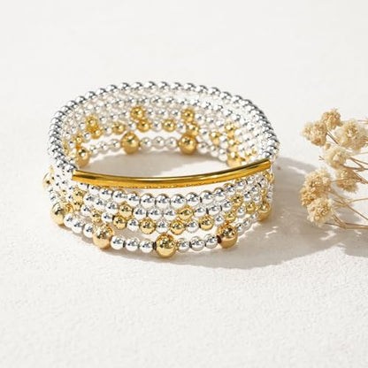14K Gold Plated Beaded Bracelets Stack Set for Women,Stretch Boho Ball Jewelry Friendship Trendy - color: Silver gold