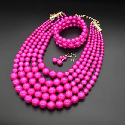 Faux Big Pearl Srand Necklaces for Women 5 Layers Pearls Choker Bib Collar Necklace Bracelet and Earrings set 1920s Costume Pearl Jewelry Bridal Wedding - color: fuchsia