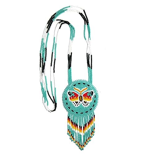 Handmade Native American Style Tribal ethnic Seed Bead Beaded Layered Medallion Necklace - color: Butterfly - Turquoise