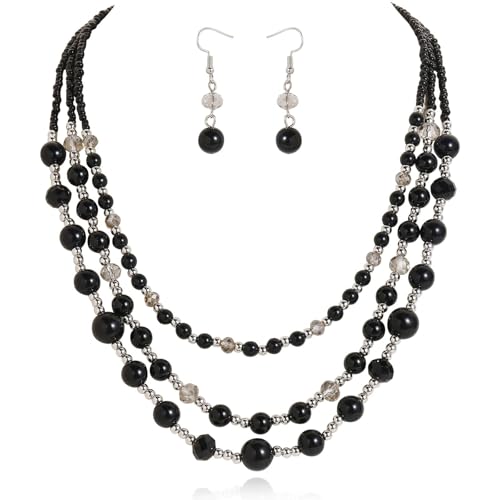 Coiris Layered Pearl Necklace and Earring Set for Women Boho Beaded Statement Choker with Faux Pearls Chunky Costume Jewelry for Wedding Party Beach Vacation Gift - color: Black