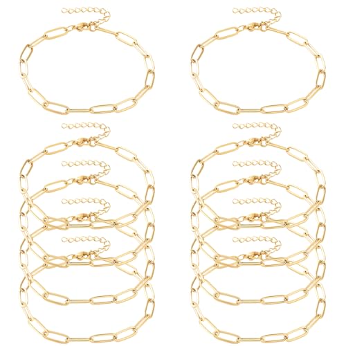 Exway 10 Pcs Paperclip Charm Bracelets Chain 6.5 Inch Stainless Steel Gold Chain Bracelets Kit with Lobster Clasps for Crafts DIY Women Jewelry Making - color: gold style B, size: 6.5in