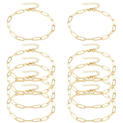 Exway 10 Pcs Paperclip Charm Bracelets Chain 6.5 Inch Stainless Steel Gold Chain Bracelets Kit with Lobster Clasps for Crafts DIY Women Jewelry Making - color: gold style B, size: 6.5in