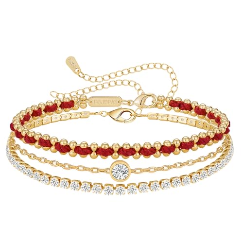 14K Gold Plated Bracelets for Women 2 Pcs Set - Red String & Cubic Zirconia Tennis Bracelet, Layered Stackable Adjustable Wristbands, Hypoallergenic Handmade Jewelry Gifts for Mom Wife Her - color: red string