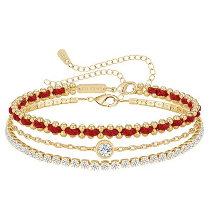 14K Gold Plated Bracelets for Women 2 Pcs Set - Red String & Cubic Zirconia Tennis Bracelet, Layered Stackable Adjustable Wristbands, Hypoallergenic Handmade Jewelry Gifts for Mom Wife Her - color: red string
