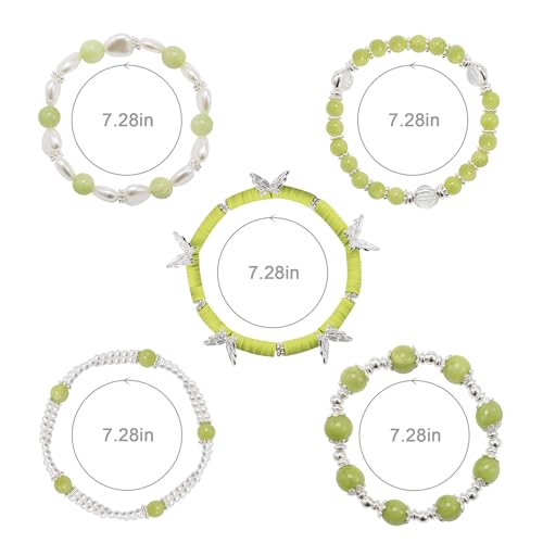 Besydec Stackable Boho Beaded Bracelets With Natural Stone & Pearl Heart & Clay Beads for Women,Adjustable Silver Jewelry - color: Green