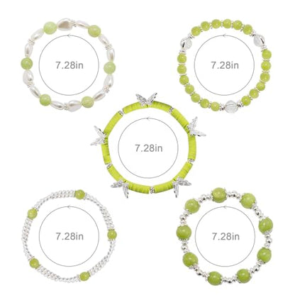 Besydec Stackable Boho Beaded Bracelets With Natural Stone & Pearl Heart & Clay Beads for Women,Adjustable Silver Jewelry - color: Green