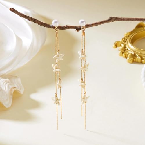 Boho Ocean Shell Starfish Beaded Long Drop Earrings for Women,Tropical Faux Pearl Tassel Dangle Statement Earrings Beach Vacation Fashion Jewelry