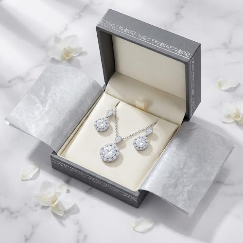 CZ Necklace and Stud Earrings Set for Women, 2PCS | Cubic Zirconia, Matching Jewelry Set, Dainty Sparkling, Daily Wear - color: 1CT+5CT Sunburst Huggie Set