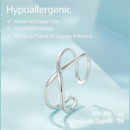 Silver Open Adjustable Stacking Rings for Women, Minimalist Wrap Band Set, Geometric/Heart/Wave/Leaf/Spiral Styles, Hypoallergenic, Gift Box Included, Thumb Ring Option - color: Cross