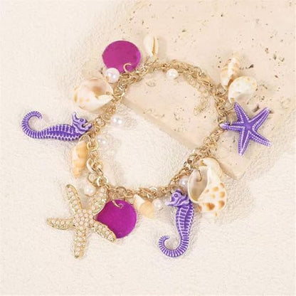 Spiritrain Handmade Starfish Seashell Pearl Bracelets for Women Gold Plated Bohemian Charm Sea Shell Couch Beads Adjustable Chain Anklet Bracelets Hawaiian Beach Holiday Mermaid Costume Jewelry Gifts - color: Purple