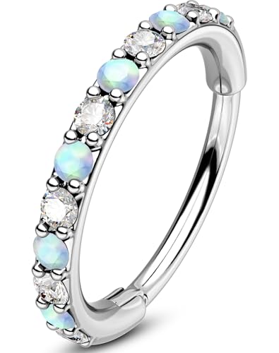OUFER Opal and CZ 20G Nose Rings Hoops, 316L Surgical Steel Hinged Segment Nose Piercing Jewelry, Septum Lip Eyebrow Rings Cartilage Conch Rook Helix Tragus Daith Earrings For Women and Men-6/7/8MM - color: Silver