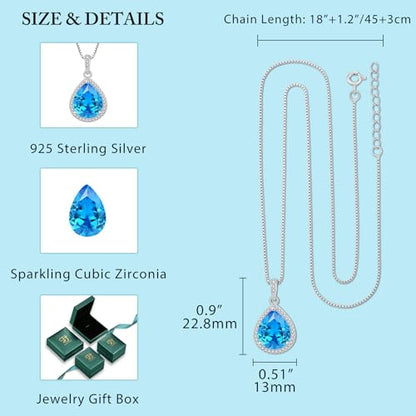 FJ Teardrop Pendant Necklace 925 Sterling Silver Birthstone Jewelry for Women - color: 03 March-Aquamarine
