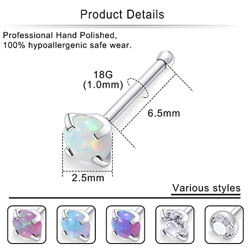 Cisyozi 18G 20G 22G Nose Rings Studs Surgical Steel Nose Stud Set 1.5mm 2mm 2.5mm 3mm Diamond Cubic Zirconia Opal Screw L Shaped Straight Nose Piercing Jewelry for Women Men - color: B:18G-Straight -2.5mm