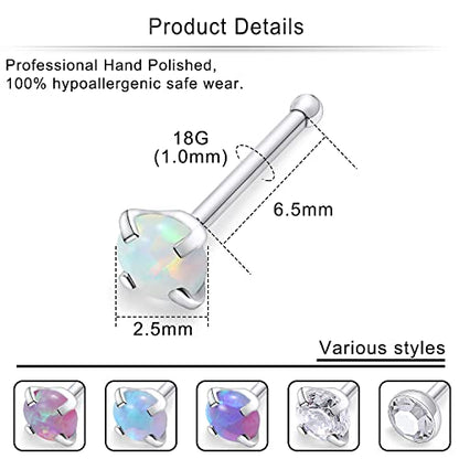 Cisyozi 18G 20G 22G Nose Rings Studs Surgical Steel Nose Stud Set 1.5mm 2mm 2.5mm 3mm Diamond Cubic Zirconia Opal Screw L Shaped Straight Nose Piercing Jewelry for Women Men - color: B:18G-Straight -2.5mm