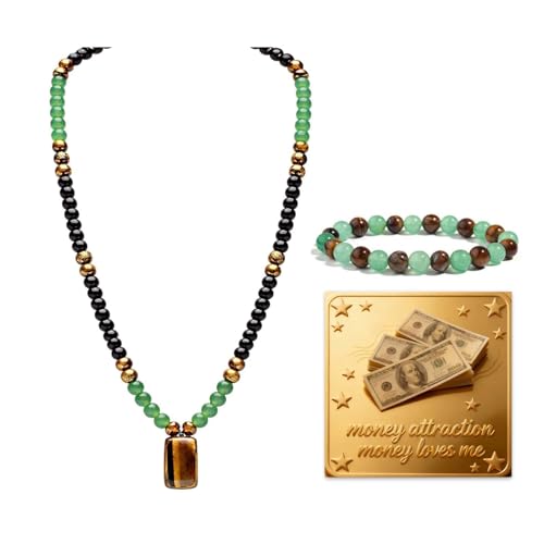Money Bracelets Necklace Jewelry Set for Women Men Jade Crystal Tiger Eye Obsidian Beaded Necklace Feng Shui Good Luck Money Bracelet Wealth Attraction Accessories Outfits Protection Jewelry Gifts - color: A4