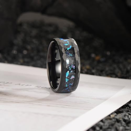 8mm Men's Tungsten Carbide Ring Gold/Black Hammered Meteorite Shavings Gold Foil Inlay Galaxy Nebula Green Opal Engagement Wedding Ring Matte Finish Comfortable Fit - color: 8mm tungsten black