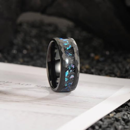 8mm Men's Tungsten Carbide Ring Gold/Black Hammered Meteorite Shavings Gold Foil Inlay Galaxy Nebula Green Opal Engagement Wedding Ring Matte Finish Comfortable Fit - color: 8mm tungsten black