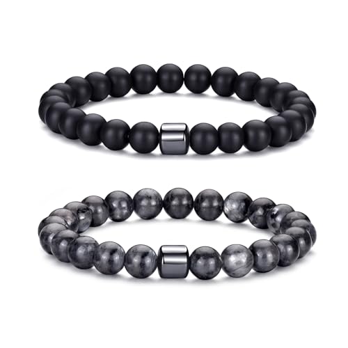 Mens Beaded Bracelets Set 8MM Tiger Eye Lava Stone Stretch Natural Stone Men's Bead Bracelet Mens Bracelet - color: 2, Black, Gray Bracelet