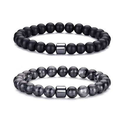 Mens Beaded Bracelets Set 8MM Tiger Eye Lava Stone Stretch Natural Stone Men's Bead Bracelet Mens Bracelet - color: 2, Black, Gray Bracelet