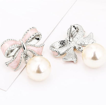 Gold Bow Earrings for Women, Long Tassel Chain Drop Earrings, Trendy Small Bow Earrings, Ribbon Waterfall Dangling Earrings, Pearl Bow Earrings, Sparkly Elegant Bowknot Preppy Jewelry Gifts for Women - color: Pink Bow-K2