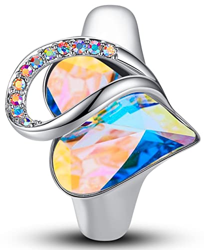 Leafael Infinity Love Women's Adjustable Crystal Heart Ring with Birthstone Crystals Healing Stones, Jewelry Gifts for Women, Birthdays Valentine's Day, Silver-Tone, Open End, Size 6.5-8 - color: 15-April-Purification-Rainbow Opal White