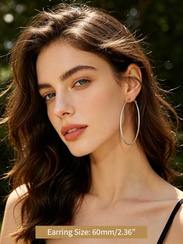 FindChic Thin Hoop Earrings for Women,Silver/Black/Gold Plated 20-100mm - color: Silver, size: 60mm