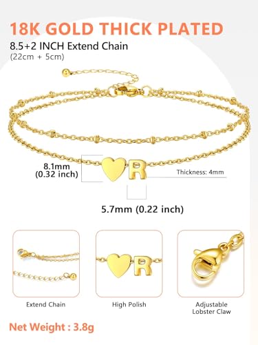 Ankle Bracelets for Women Waterproof 14K Gold/Silver/Black Initial Anklet for Women Dainty Layered Heart Ankle Bracelets Stainless Steel Adjustable Foot Chain Anklet Summer Beach Jewelry - color: R-Gold
