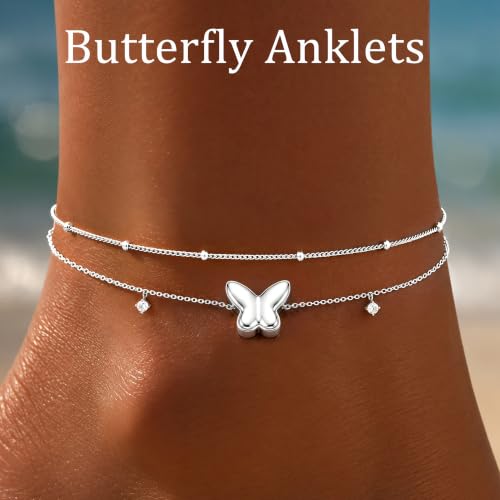 Gold/Sterling Silver Anklet Bracelets for Women Waterproof, Non Tarnish 925 Sterling Sliver Plated Heart Evileye Butterfly Charm, Dainty Summer Beach Anklets for Women, Beach Vacation Bikini Outfits for Her Mom - style: Butterfly-Silver