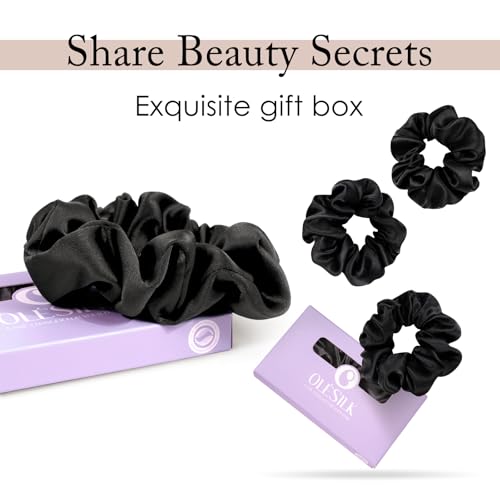 OLESILK 100% Mulberry Silk-Scrunchies for Hair Sleep, Women Grils Silk Hair Ties for Frizz & Breakage Curly Hair, No Damage, Elastics Ponytail Holder, 3 Pack - color: Dark Night Black