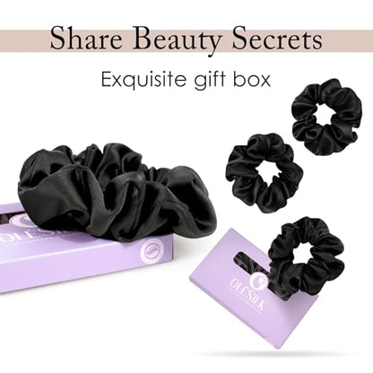 OLESILK 100% Mulberry Silk-Scrunchies for Hair Sleep, Women Grils Silk Hair Ties for Frizz & Breakage Curly Hair, No Damage, Elastics Ponytail Holder, 3 Pack - color: Dark Night Black