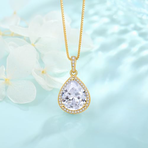 FJ Teardrop Pendant Necklace 925 Sterling Silver Birthstone Jewelry for Women - color: 04 April-Simulated Diamond-Yellow Gold