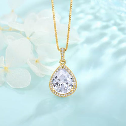 FJ Teardrop Pendant Necklace 925 Sterling Silver Birthstone Jewelry for Women - color: 04 April-Simulated Diamond-Yellow Gold