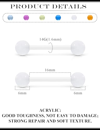 14G Glow in Dark Bioflex Flexible Acrylic Nipple Tongue Rings Piercing Jewelry Retainer 14 Gauge Plastic Straight Barbell Tongue Nipple Piercing Jewelry For Women Men 14MM 16MM Bar - size: 14G-16MM Bar