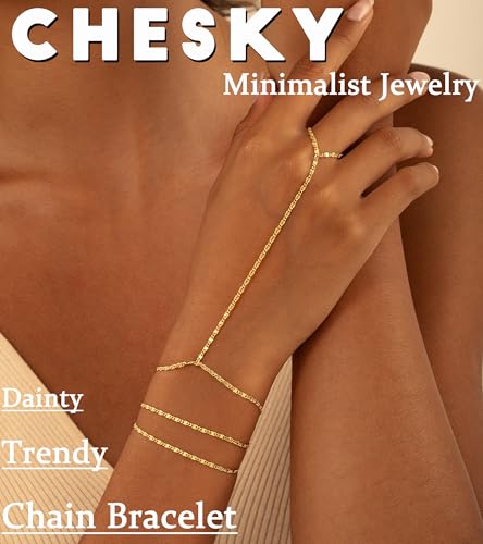 CHESKY 14K Gold Plated Hand Chain Bracelets for Women Stack Jewelry | Dainty Finger Ring Bracelet, Adjustable Hand Chains, Waterproof Beaded Gold Bracelets, Daily Body Jewelry Gift for Women - color: gold-square bracelet